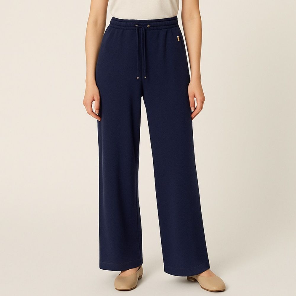 St. John Sport Santana Knit Wide Leg Pants Navy Drawstring Trousers Size Small